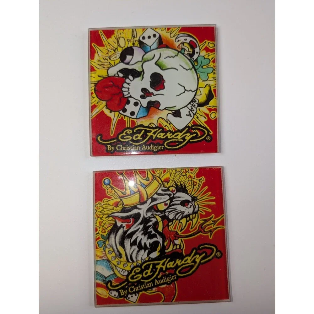 Ed Hardy Christian Audigier Glass Art Tiles Coasters Skull Dog Decor Set of 2
